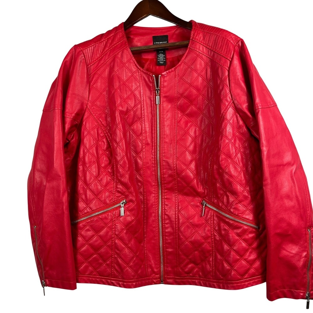 Lane Bryant Womens Faux Leather Quilted Moto Jacket Red Zippered Plus 26 28 NWOT